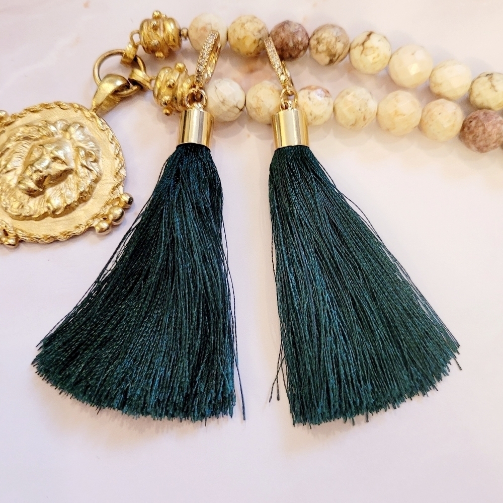 100% SILK PEACOCK GREEN TASSEL RHINESTONE EMBELLISHED EARRINGS